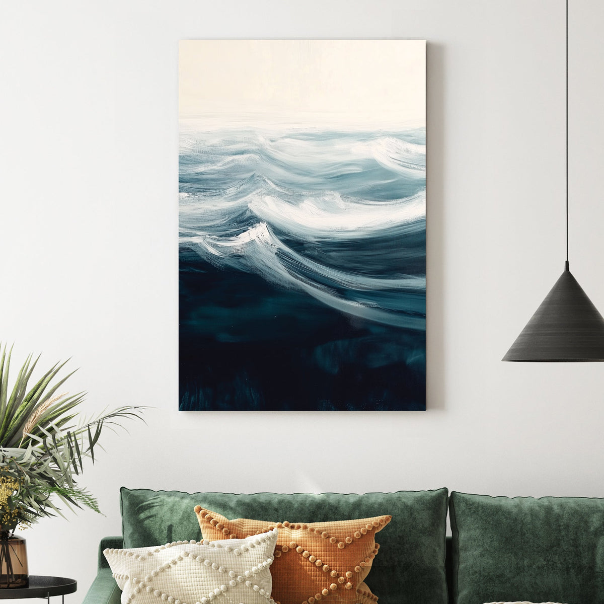 minimalist ocean wave wall art in teal and white