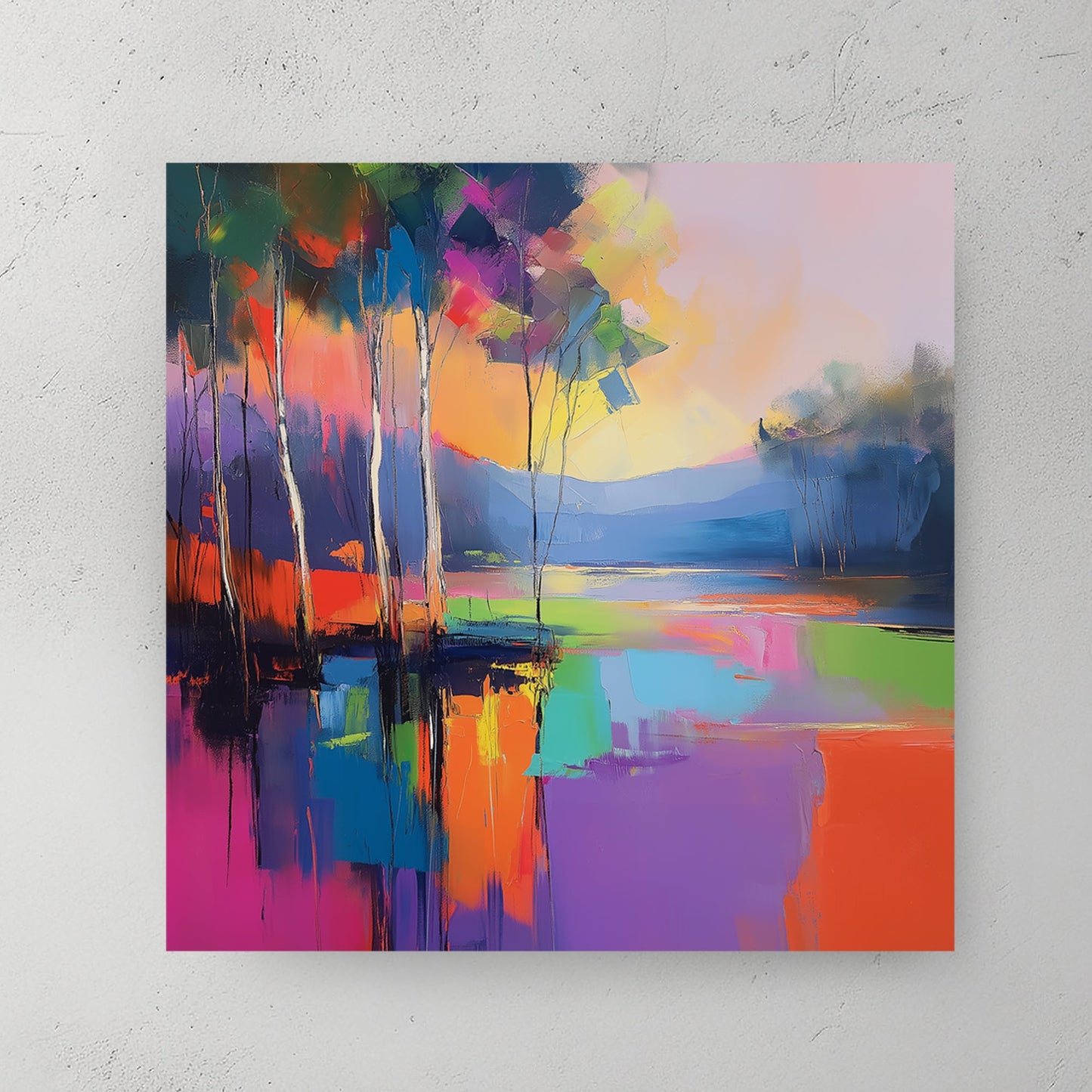 vibrant colourful forest landscape wall art with reflection