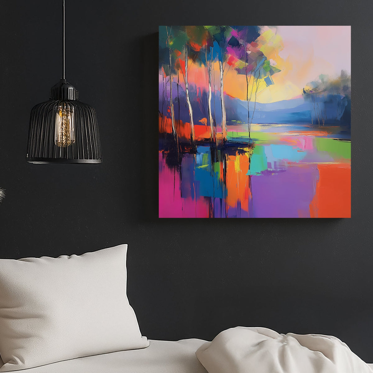 vibrant colourful forest landscape wall art with reflection
