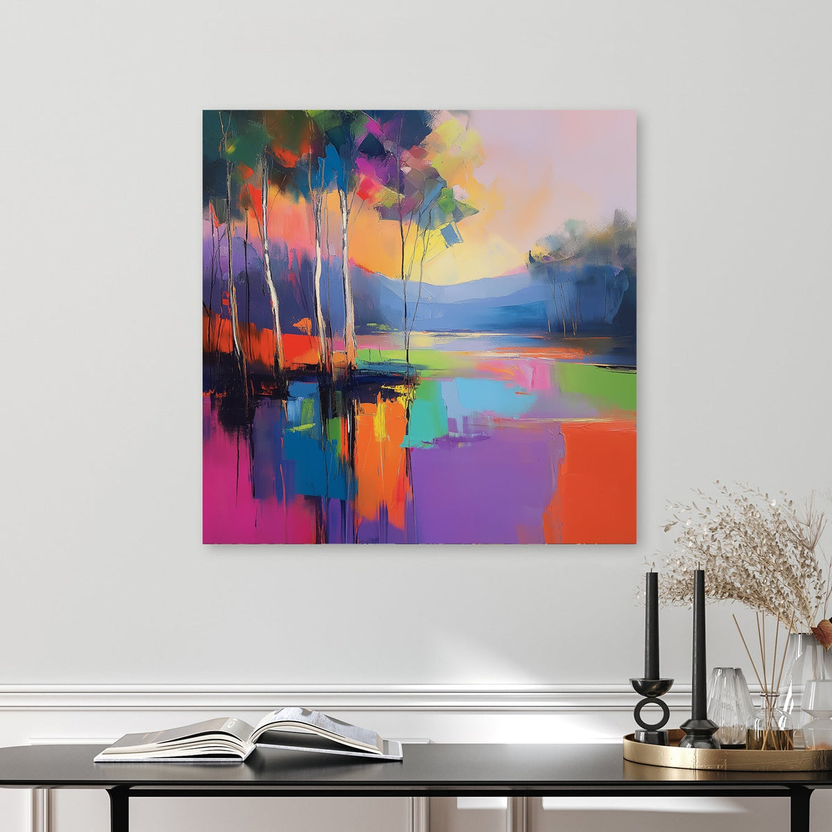 vibrant colourful forest landscape wall art with reflection
