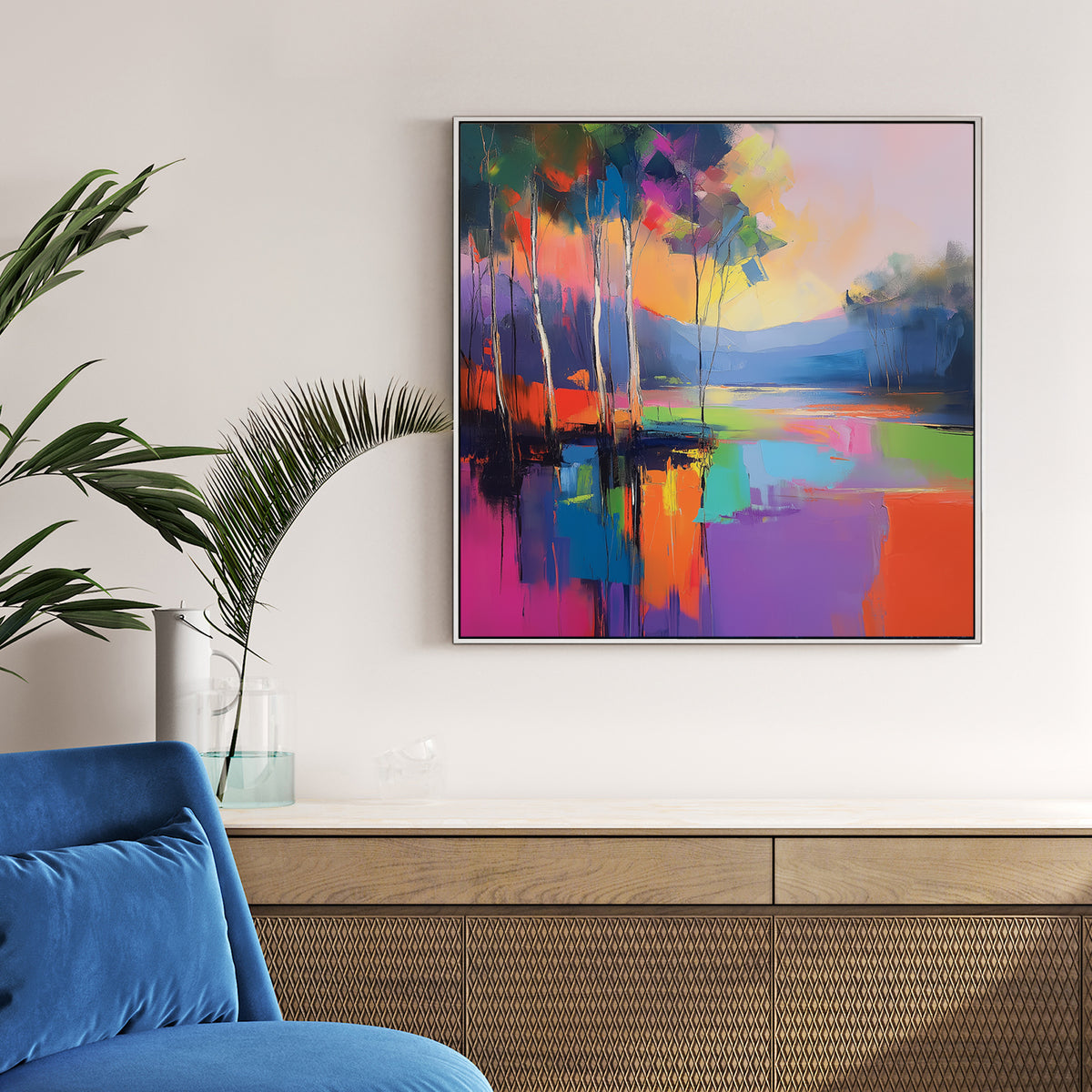 vibrant colourful forest landscape wall art with reflection