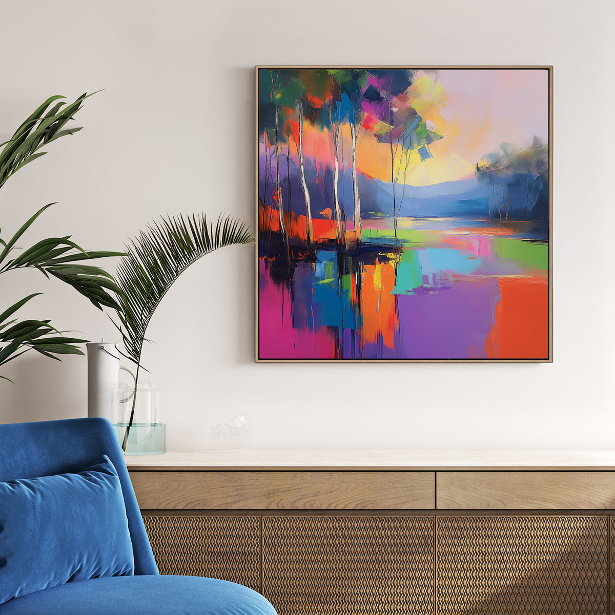 vibrant colourful forest landscape wall art with reflection