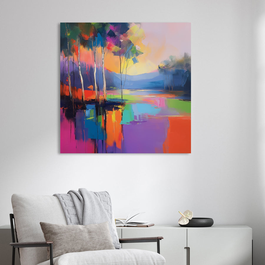vibrant colourful forest landscape wall art with reflection