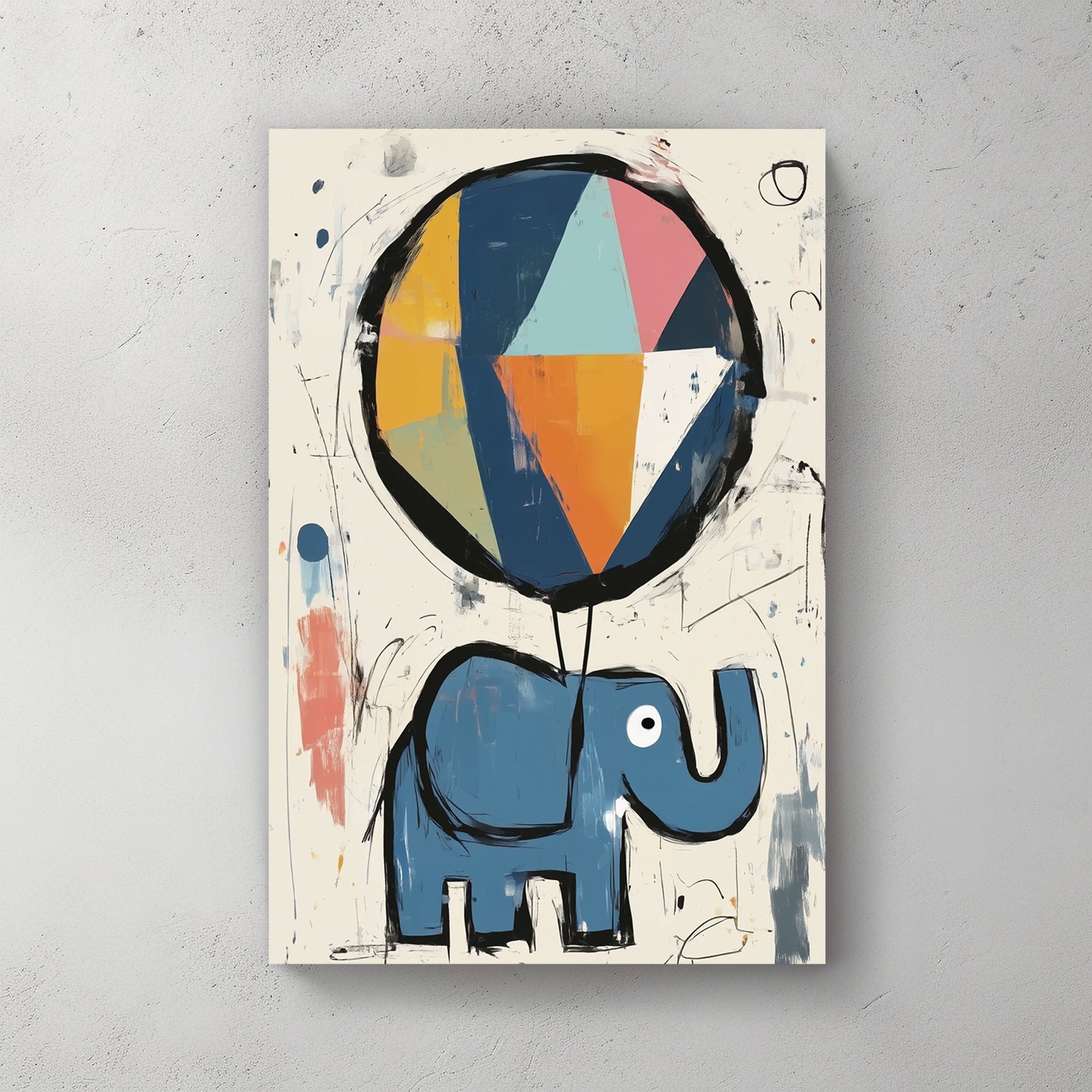 blue elephant with balloon cartoon wall art in playful style