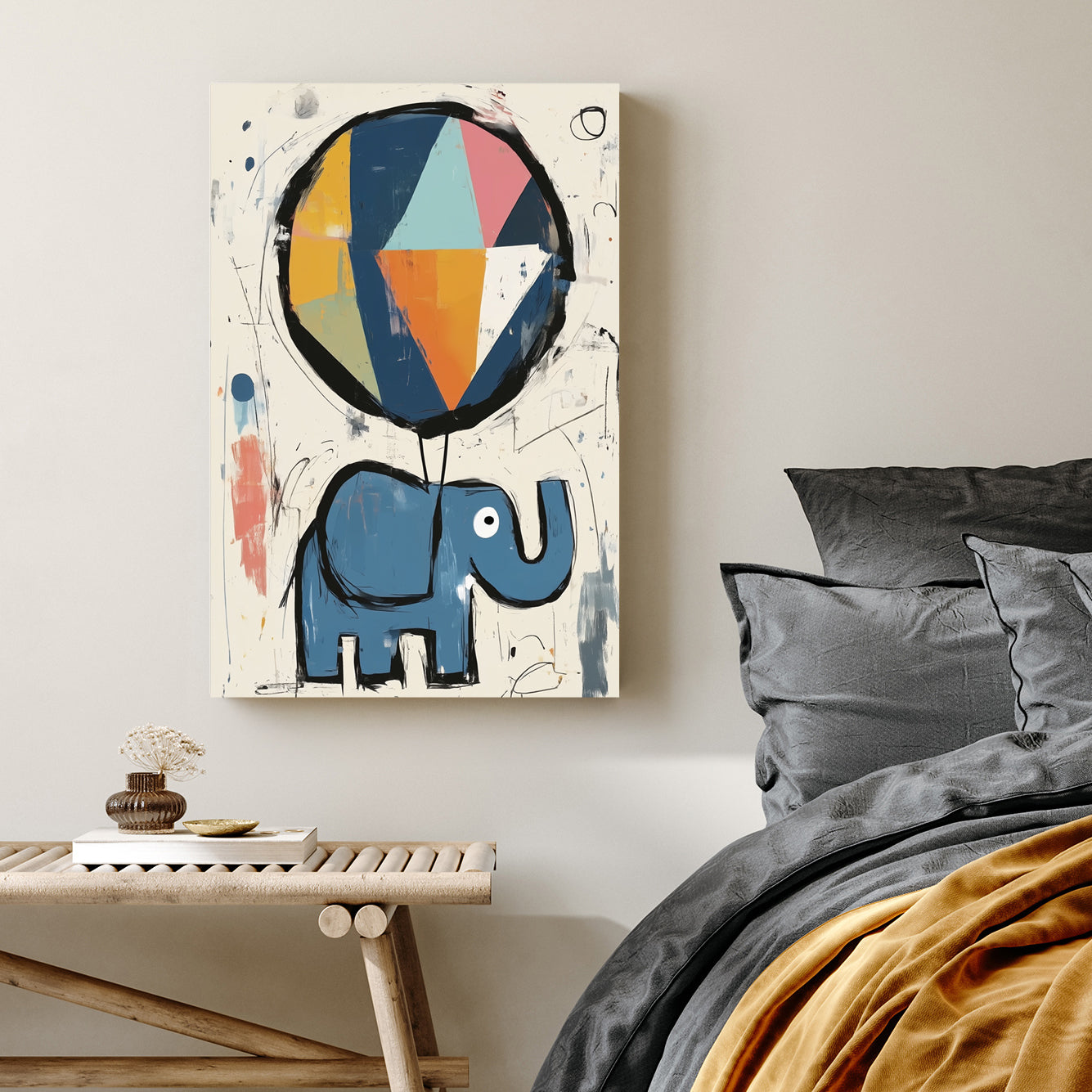 blue elephant with balloon cartoon wall art in playful style