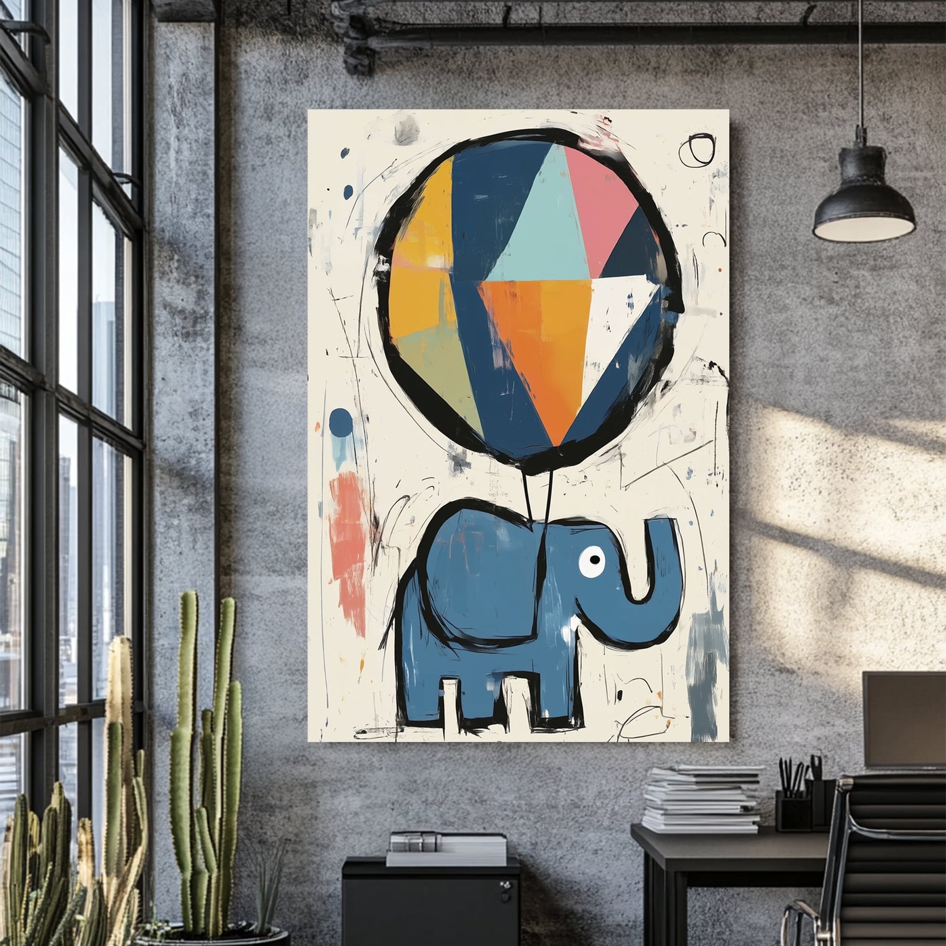 blue elephant with balloon cartoon wall art in playful style
