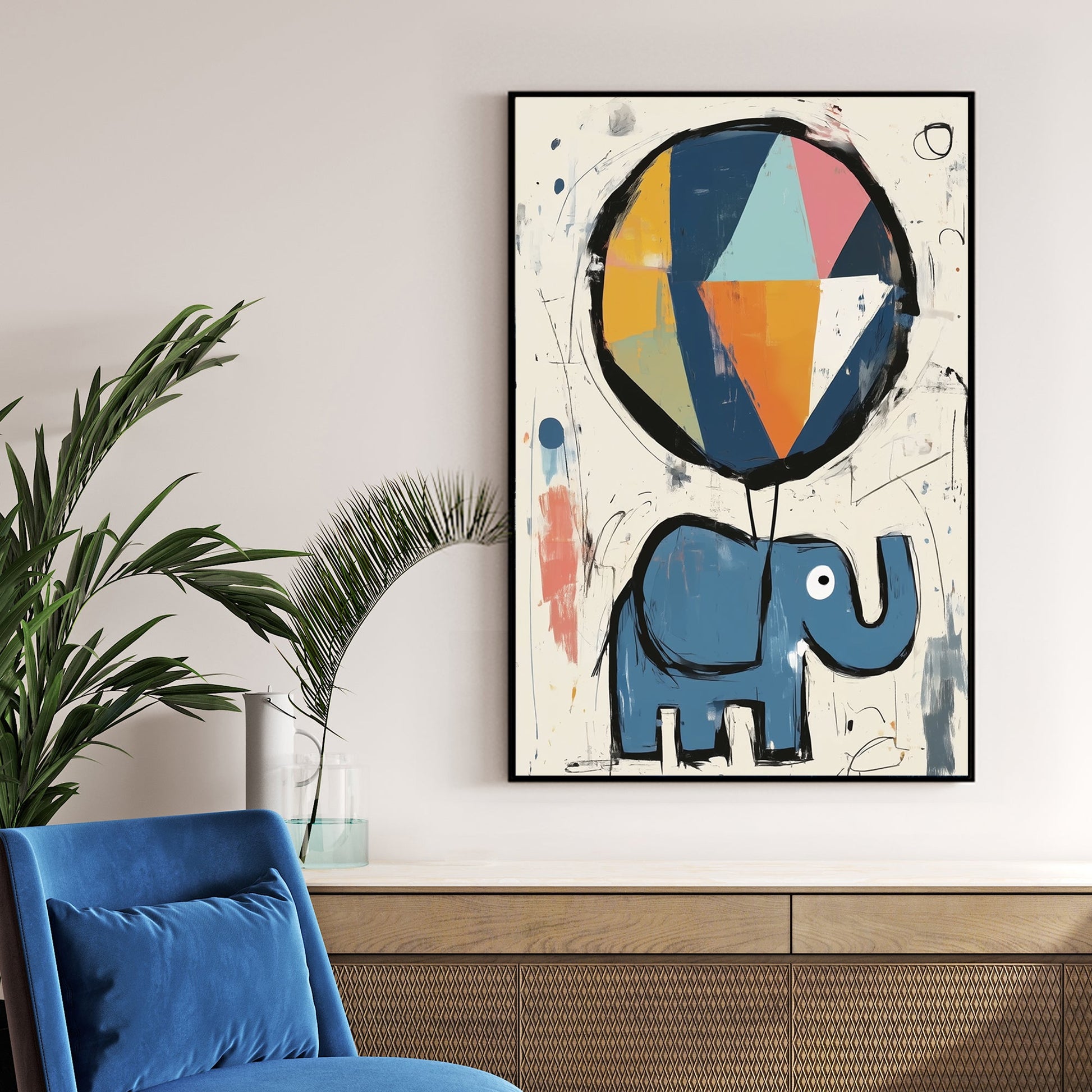 blue elephant with balloon cartoon wall art in playful style