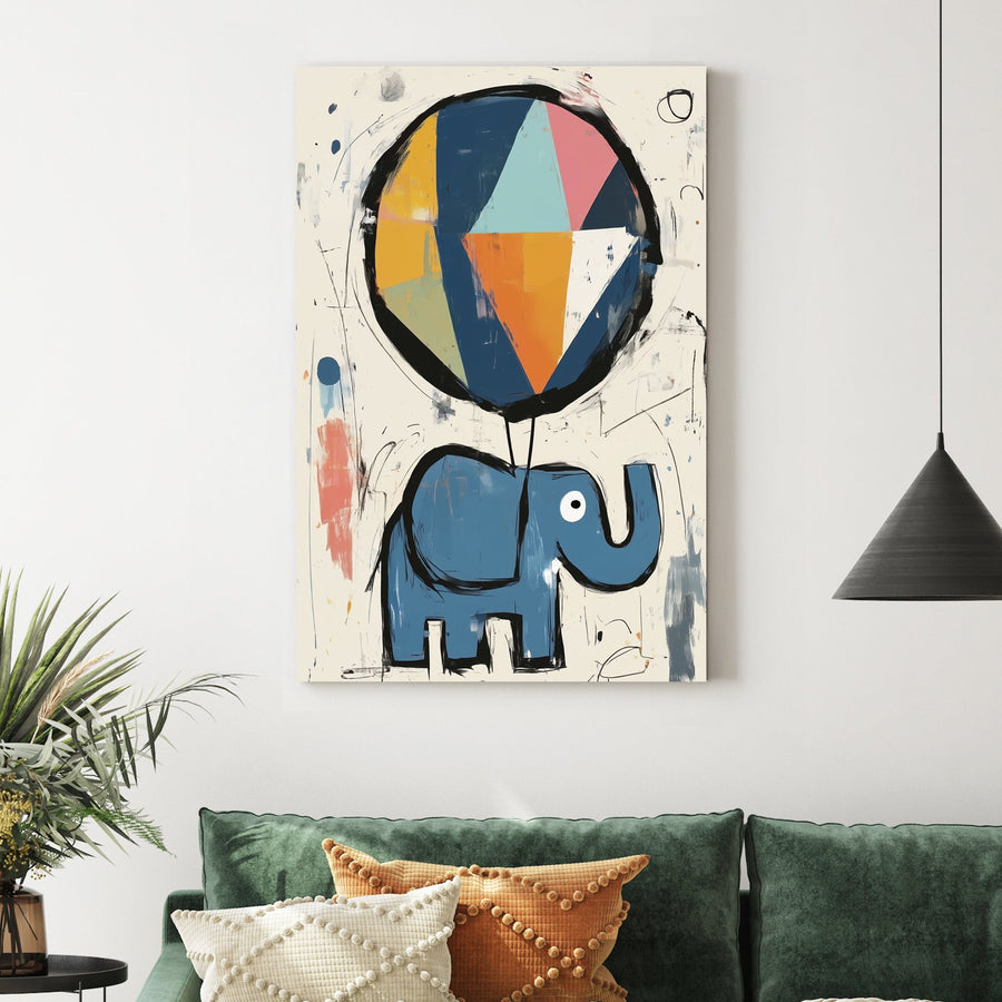 blue elephant with balloon cartoon wall art in playful style