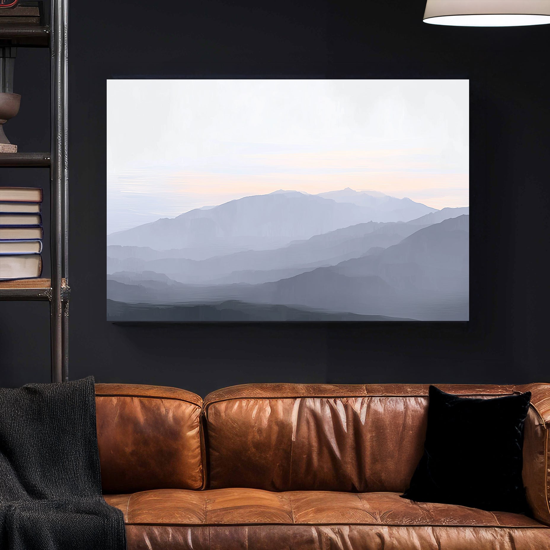 misty mountain layers landscape wall art in soft pastel tones