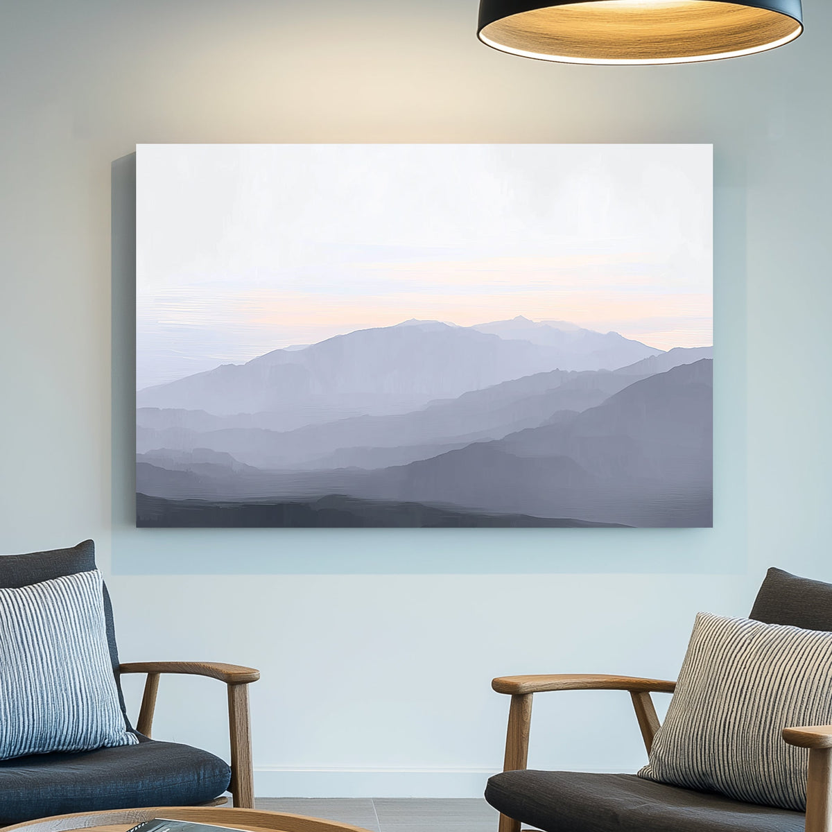 misty mountain layers landscape wall art in soft pastel tones