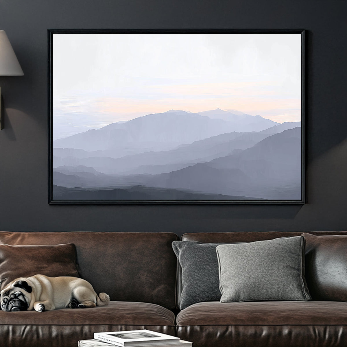 misty mountain layers landscape wall art in soft pastel tones