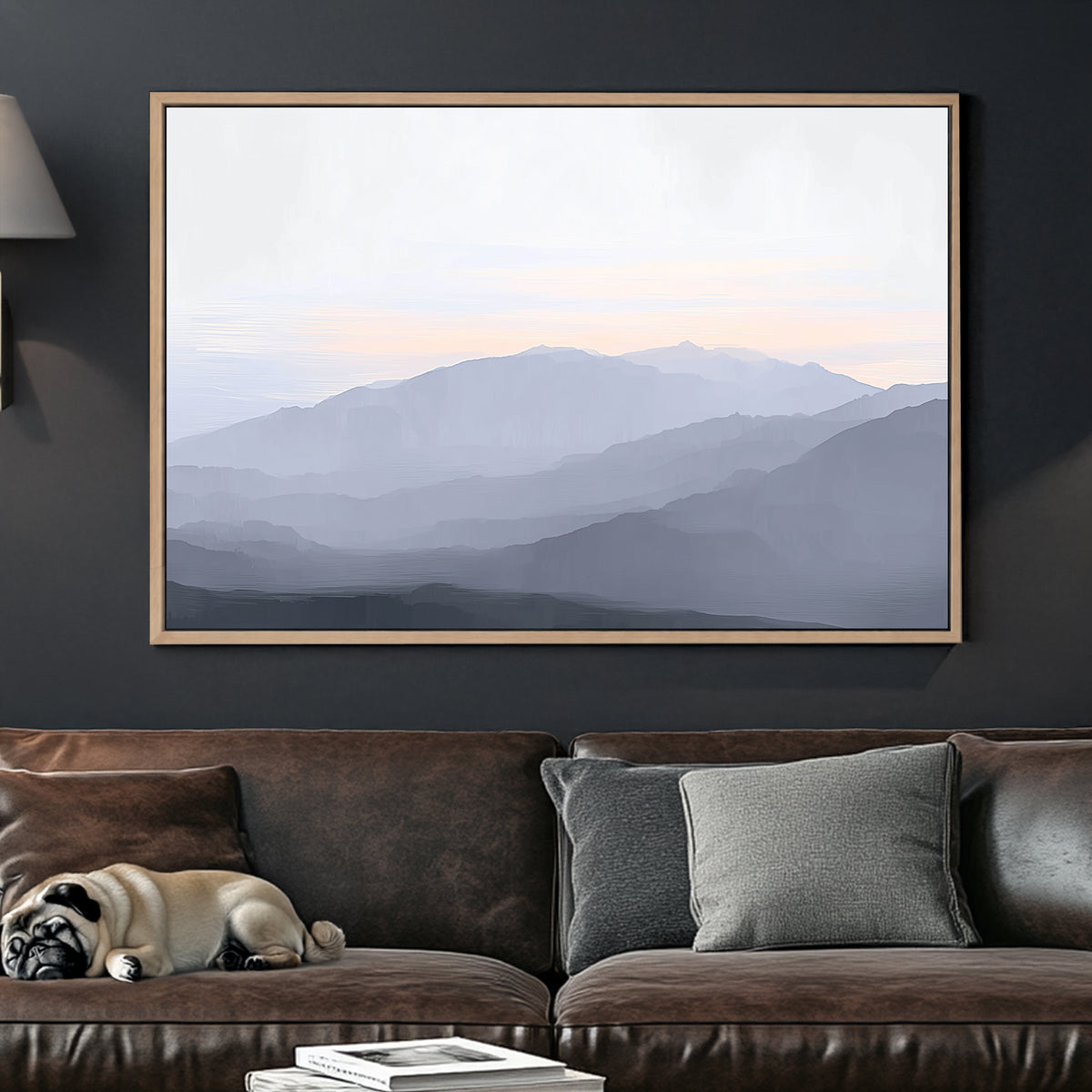 misty mountain layers landscape wall art in soft pastel tones