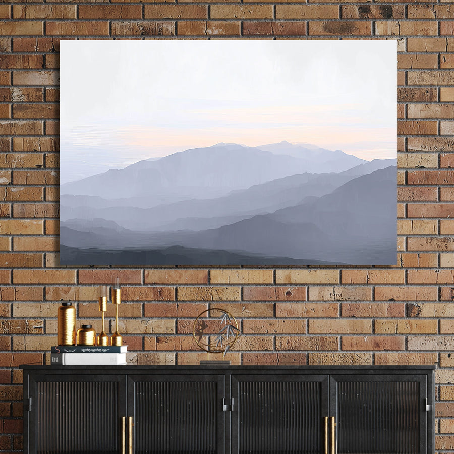 misty mountain layers landscape wall art in soft pastel tones