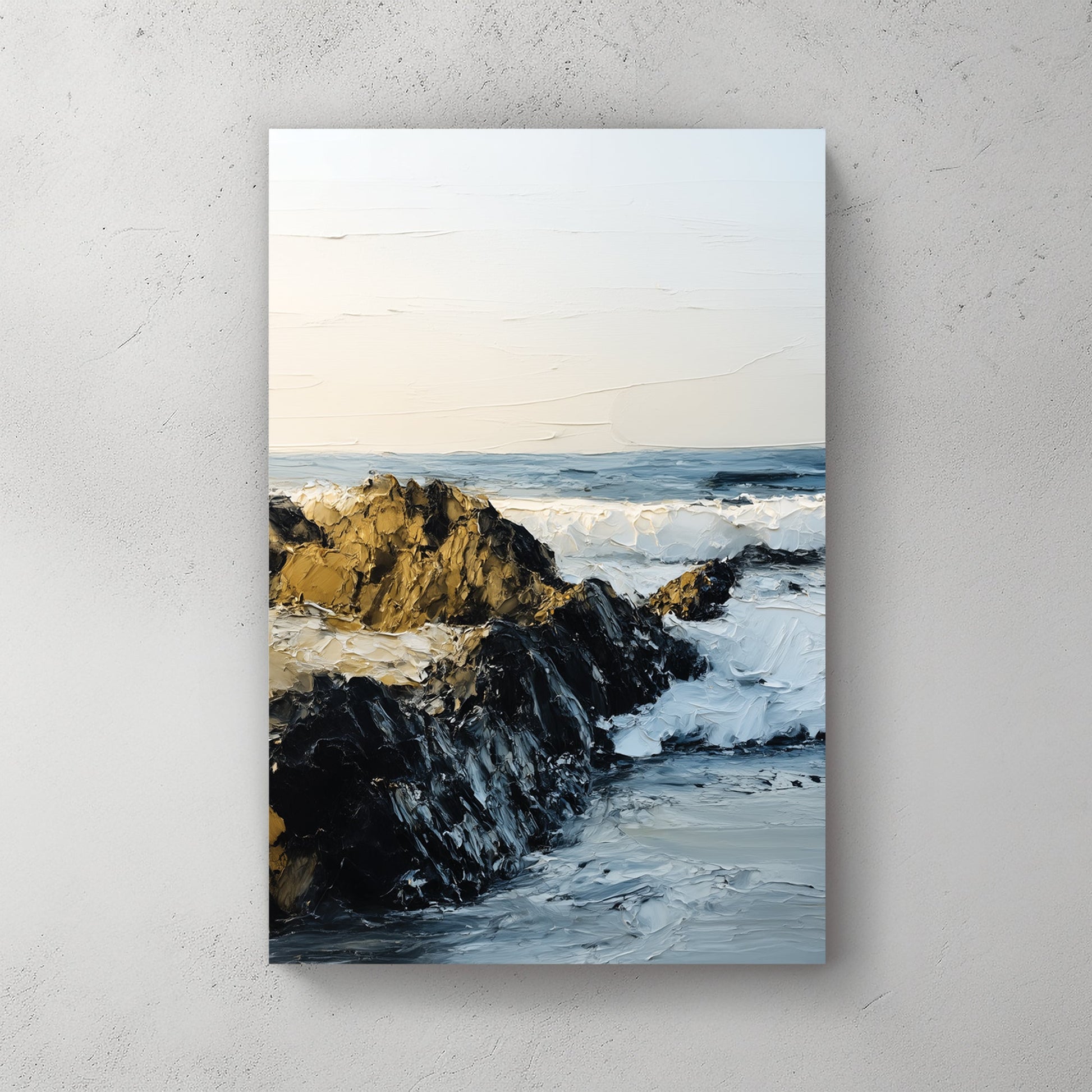 rocky shoreline with ocean waves textured wall art