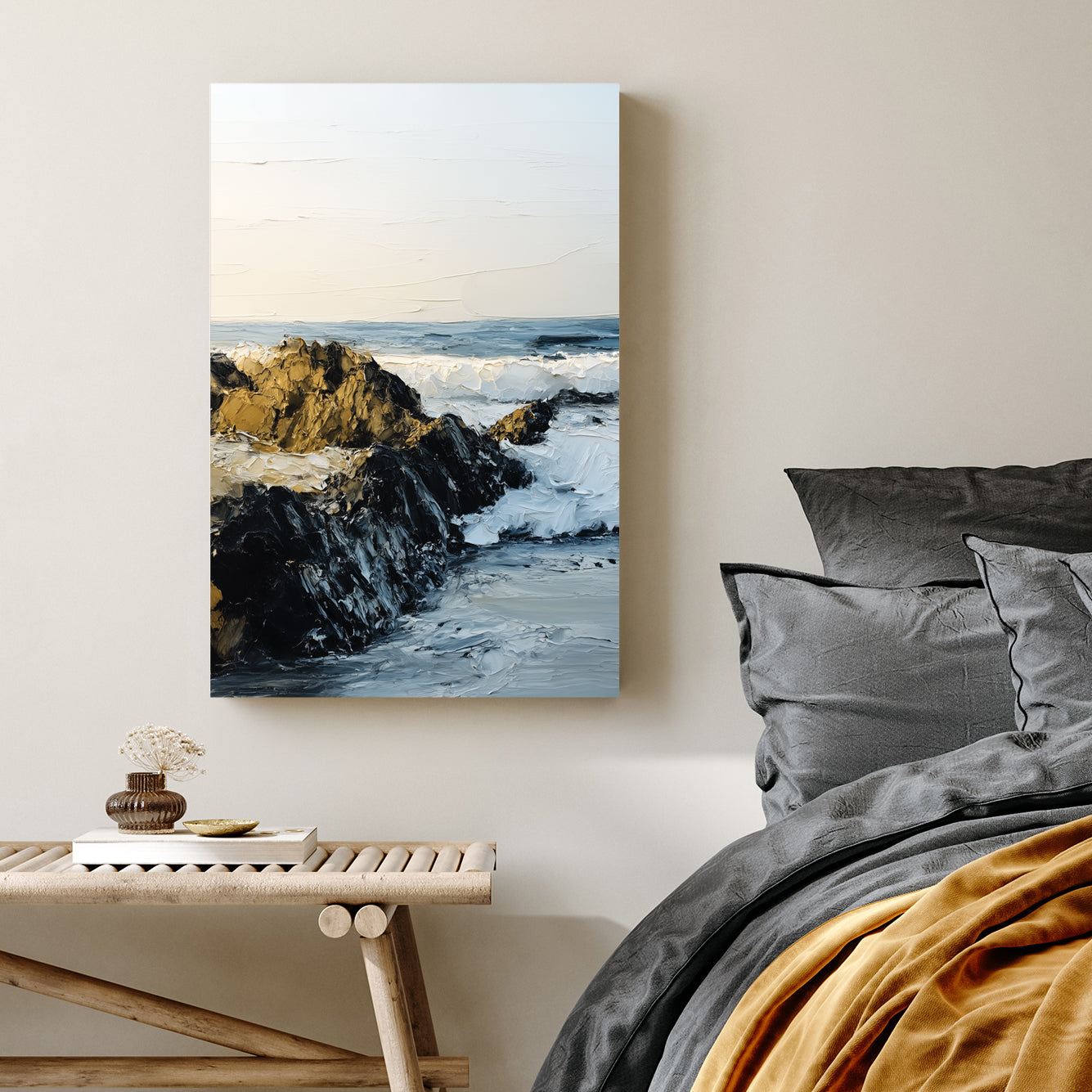 rocky shoreline with ocean waves textured wall art