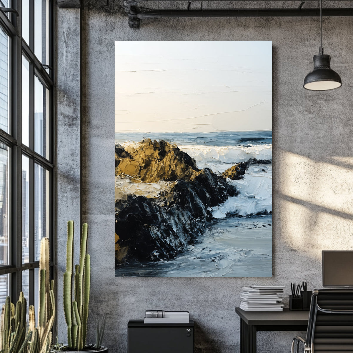 rocky shoreline with ocean waves textured wall art