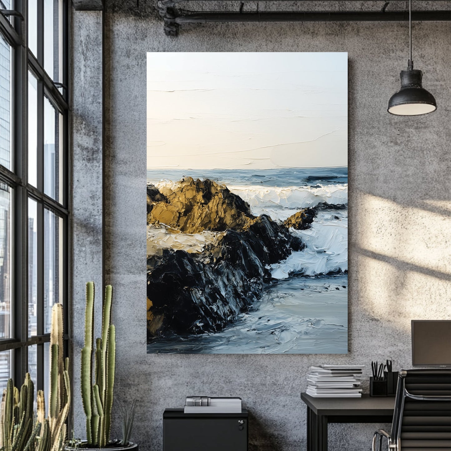 rocky shoreline with ocean waves textured wall art