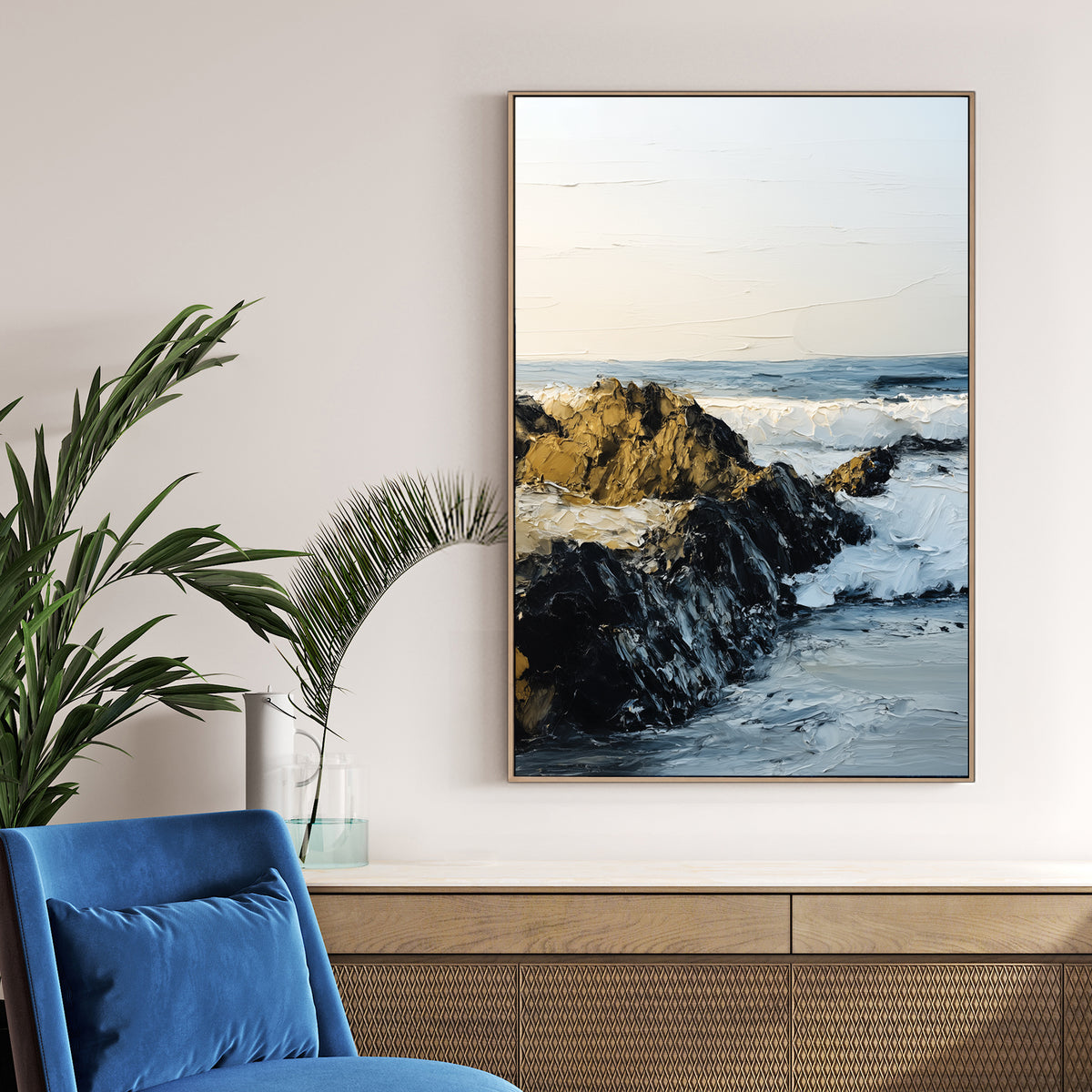 rocky shoreline with ocean waves textured wall art