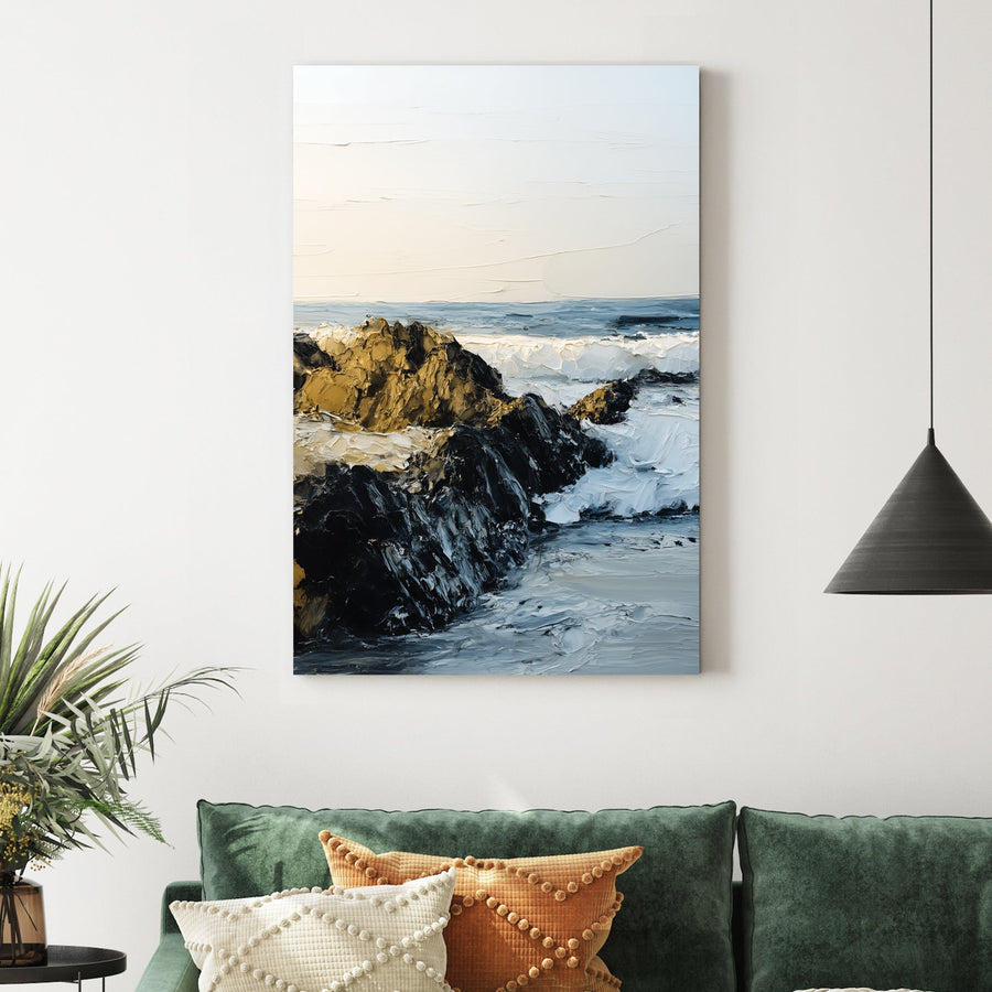 rocky shoreline with ocean waves textured wall art
