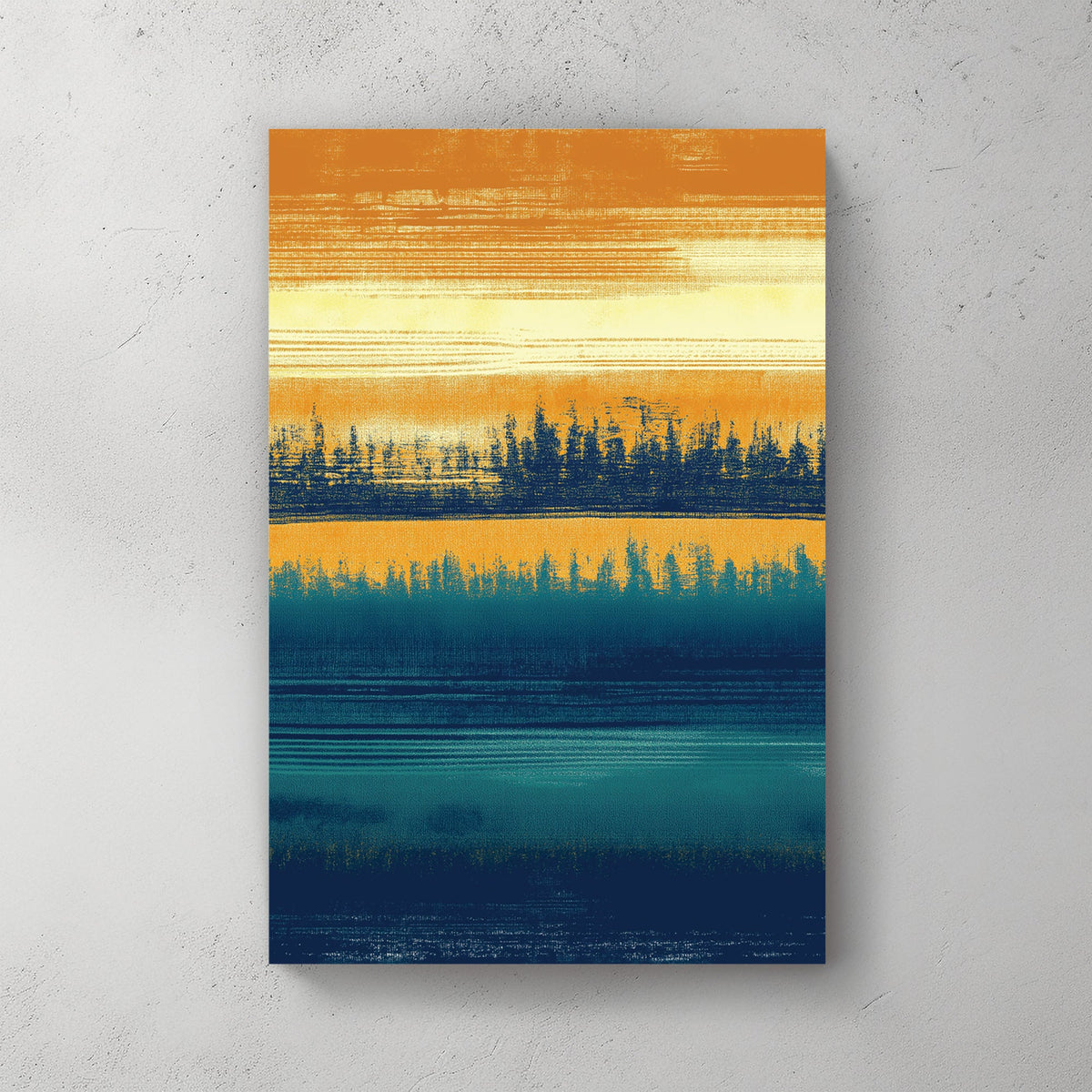 abstract forest silhouette wall art in ochre and teal tones