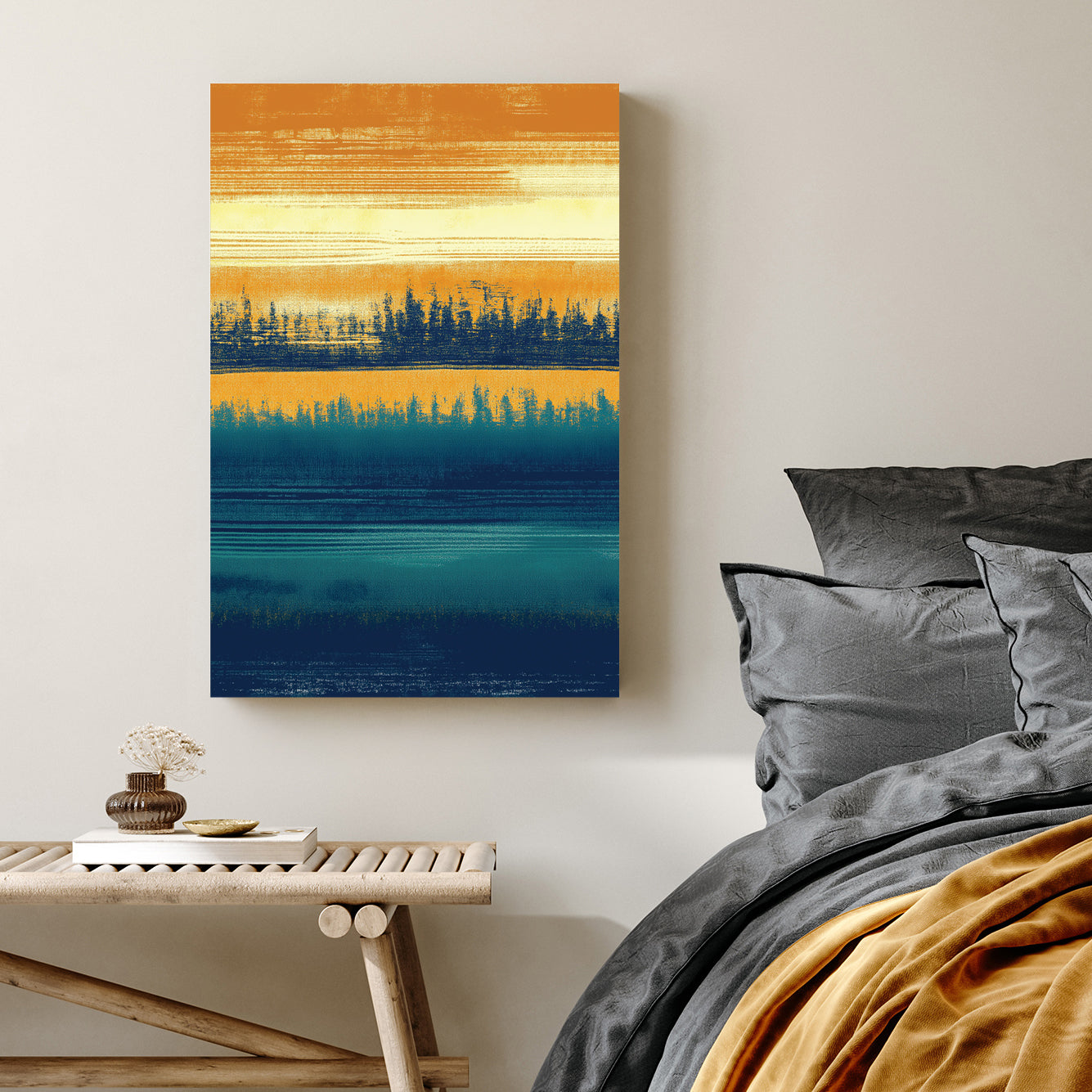 abstract forest silhouette wall art in ochre and teal tones