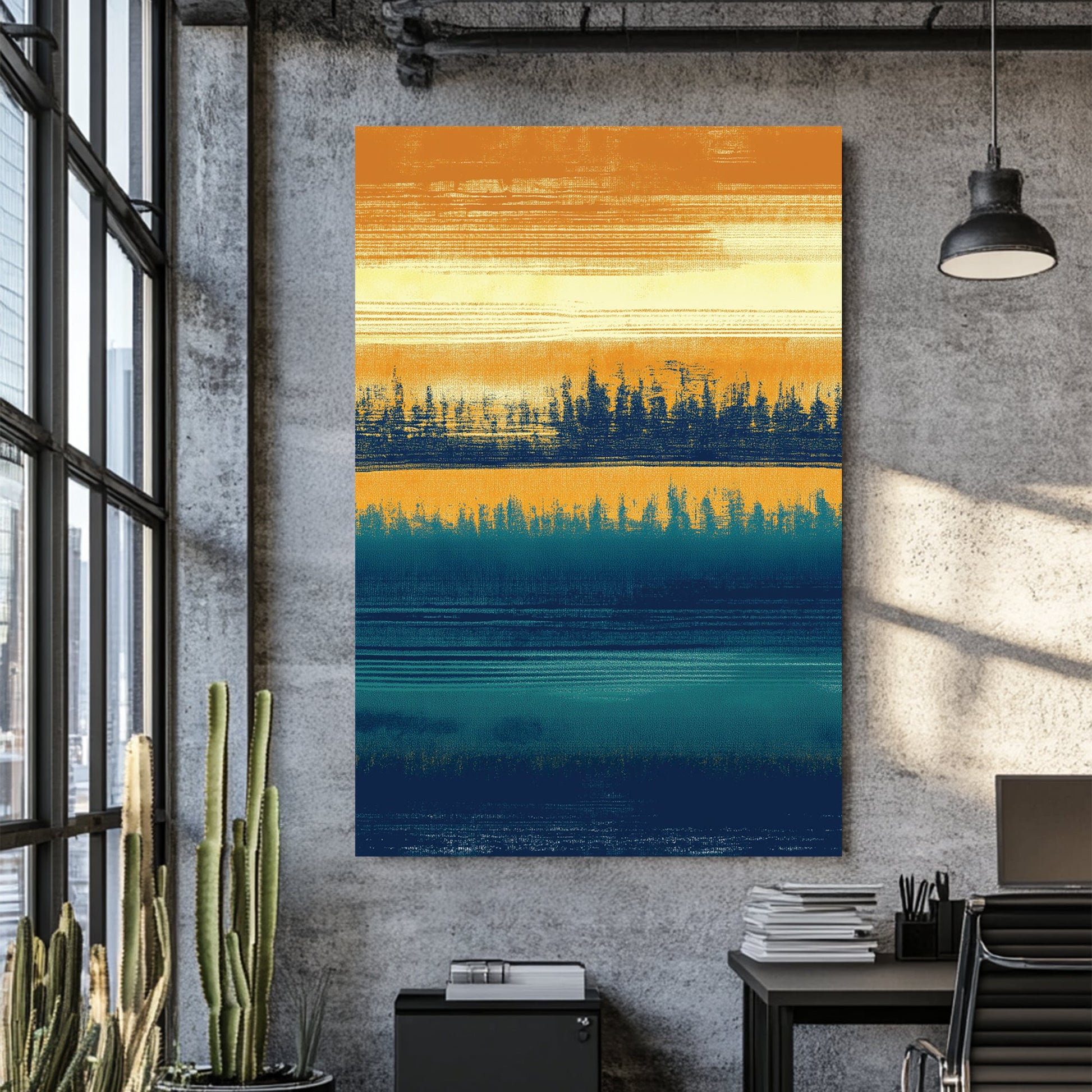 abstract forest silhouette wall art in ochre and teal tones