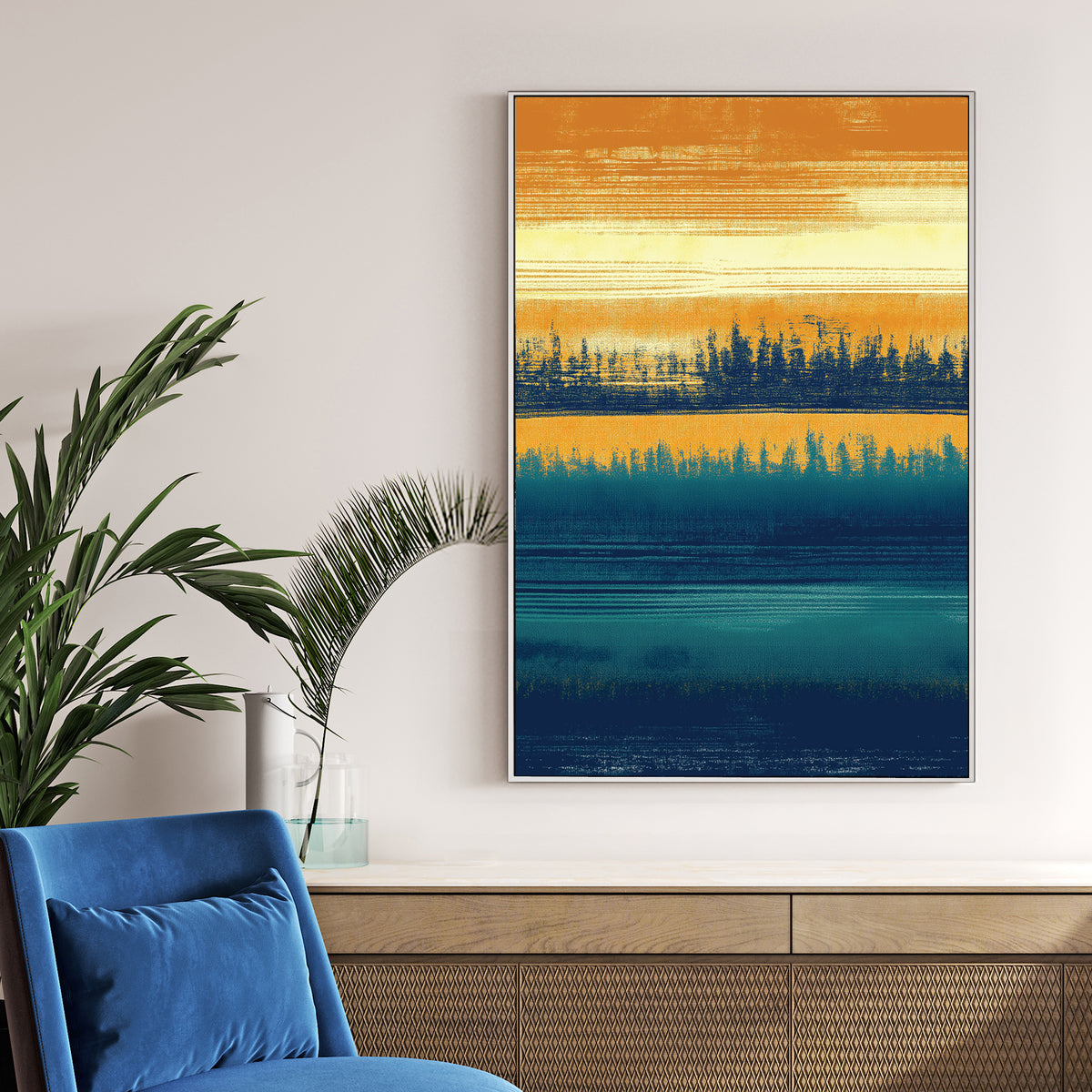 abstract forest silhouette wall art in ochre and teal tones