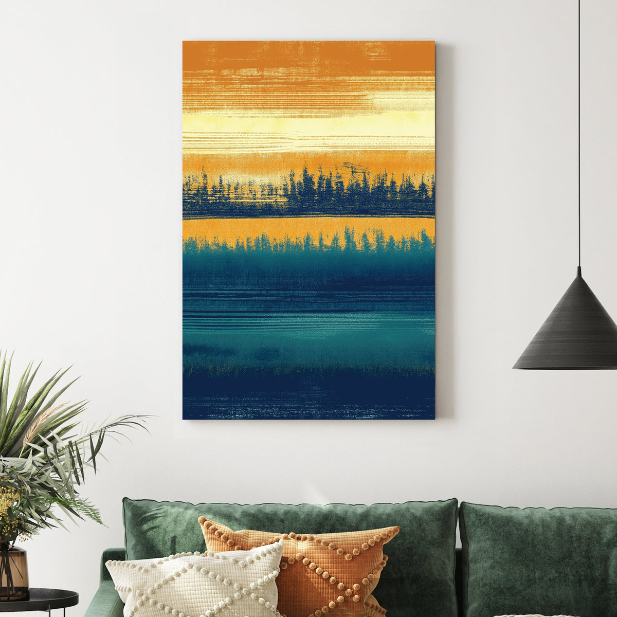 abstract forest silhouette wall art in ochre and teal tones