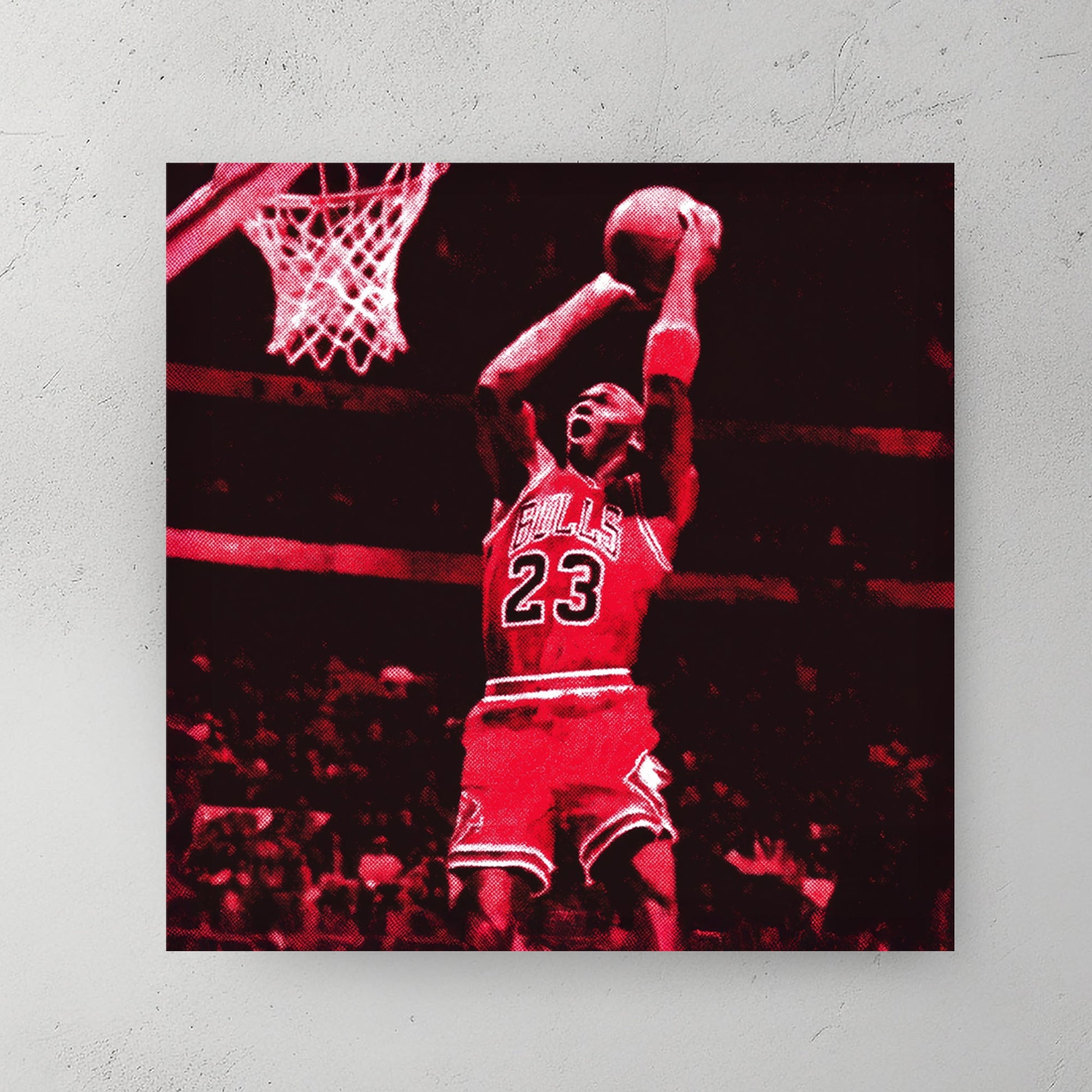 basketball wall art of Michael Jordan dunking in Bulls uniform with pop art red tones