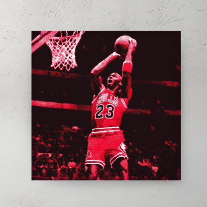 basketball wall art of Michael Jordan dunking in Bulls uniform with pop art red tones