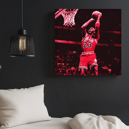 basketball wall art of Michael Jordan dunking in Bulls uniform with pop art red tones