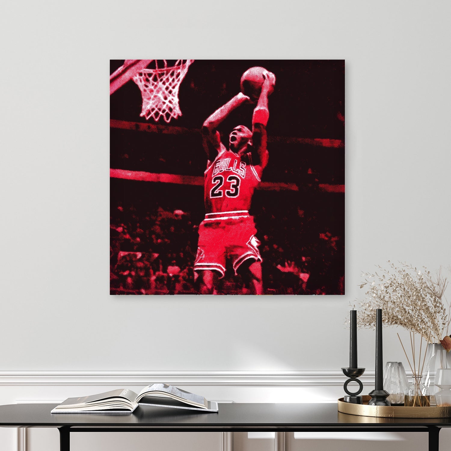 basketball wall art of Michael Jordan dunking in Bulls uniform with pop art red tones