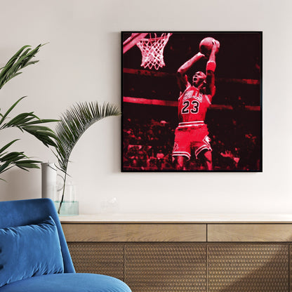 basketball wall art of Michael Jordan dunking in Bulls uniform with pop art red tones