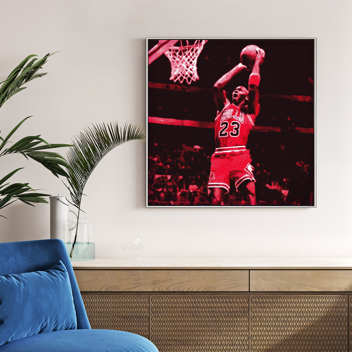 basketball wall art of Michael Jordan dunking in Bulls uniform with pop art red tones
