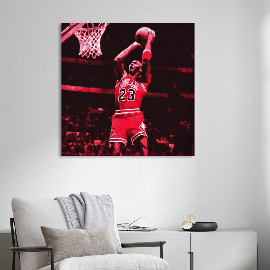 basketball wall art of Michael Jordan dunking in Bulls uniform with pop art red tones