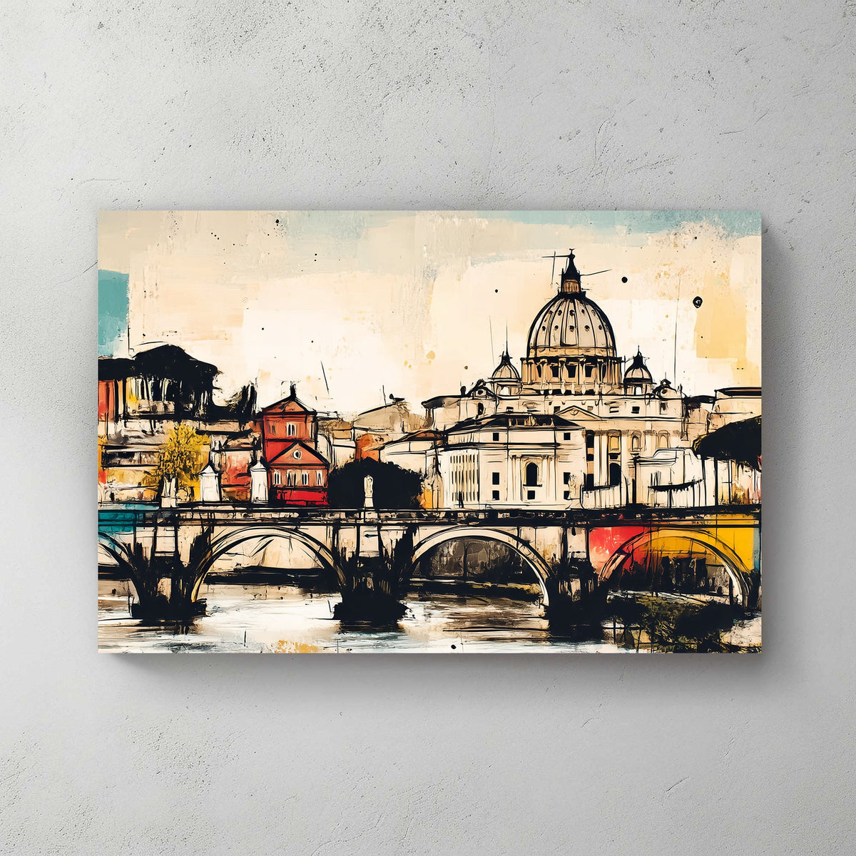 rome wall art of st. peter’s basilica and ponte sant’angelo in colourful abstract sketch style