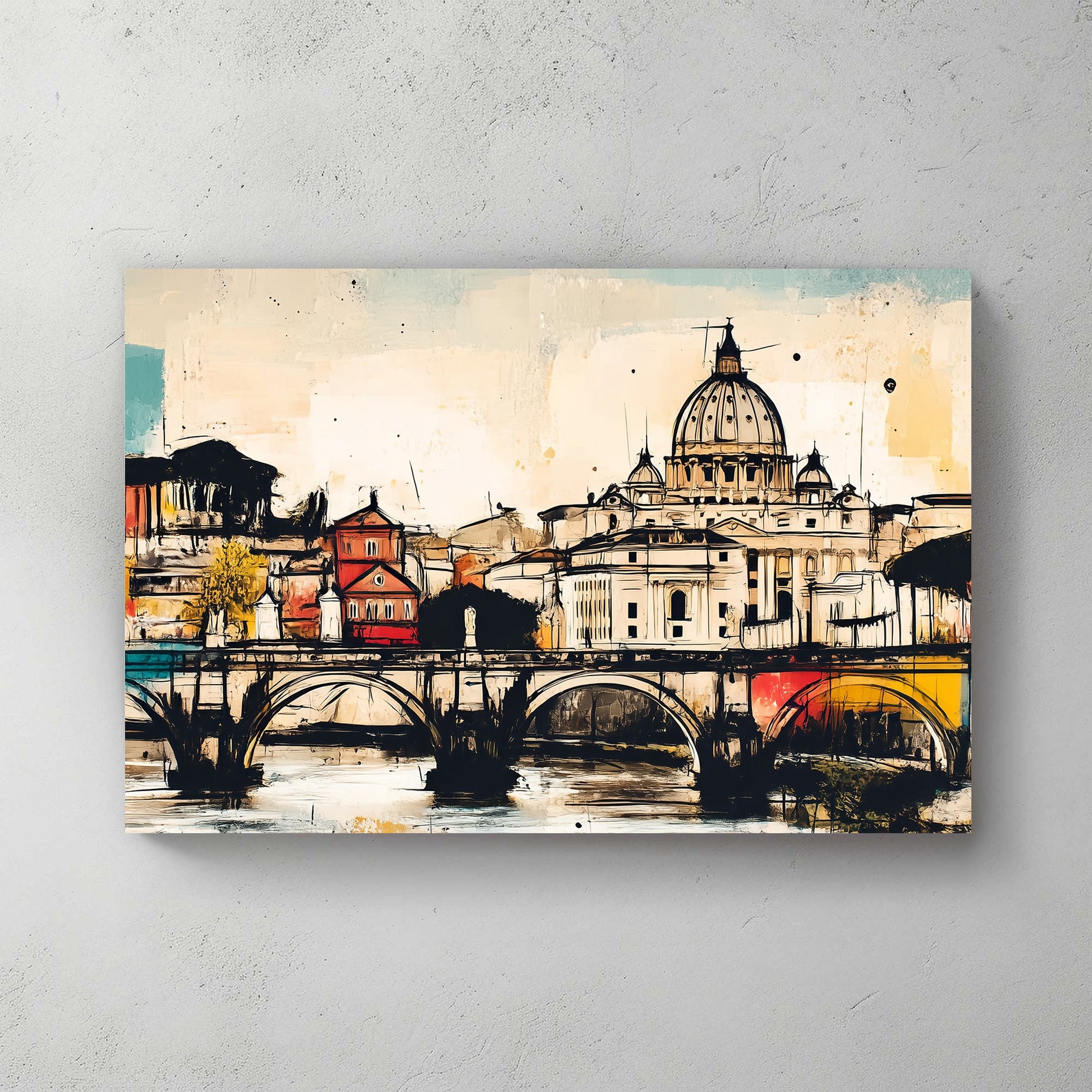 rome wall art of st. peter’s basilica and ponte sant’angelo in colourful abstract sketch style