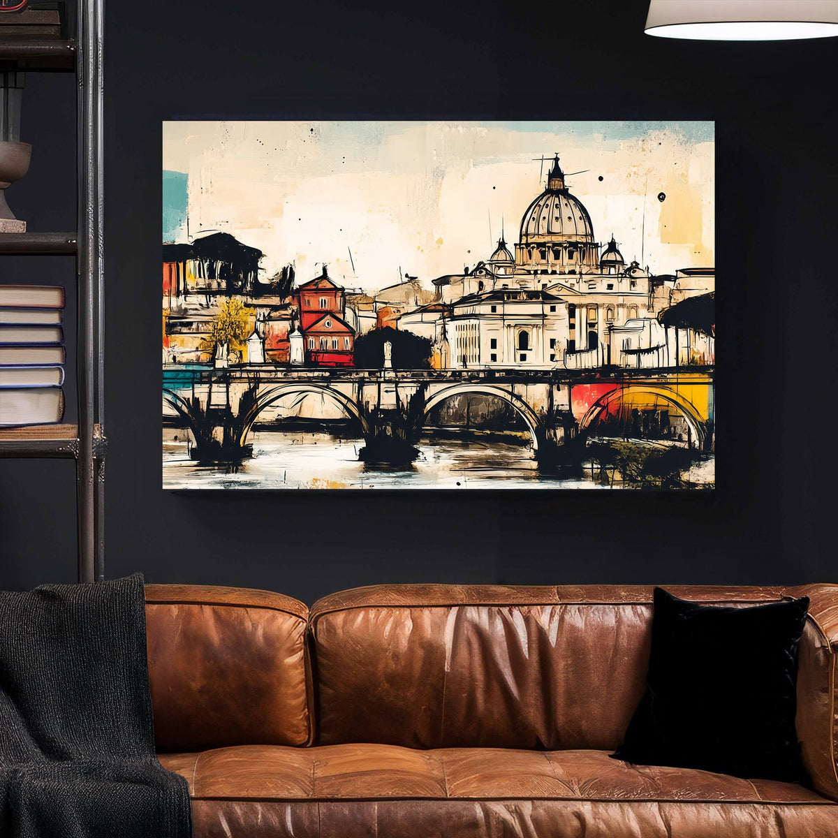 rome wall art of st. peter’s basilica and ponte sant’angelo in colourful abstract sketch style