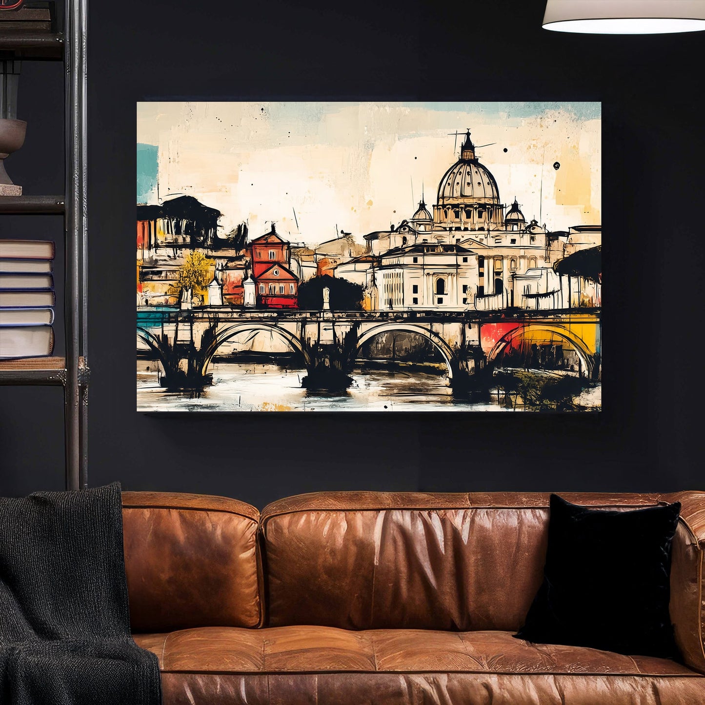 rome wall art of st. peter’s basilica and ponte sant’angelo in colourful abstract sketch style