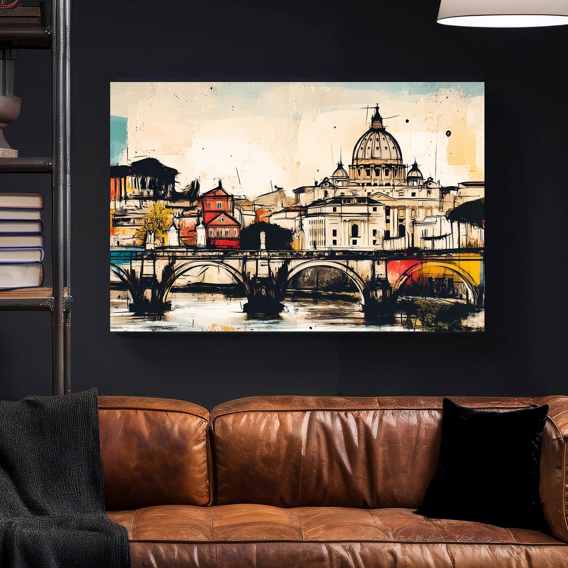 rome wall art of st. peter’s basilica and ponte sant’angelo in colourful abstract sketch style