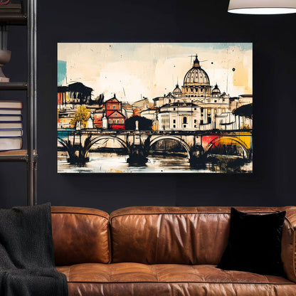 rome wall art of st. peter’s basilica and ponte sant’angelo in colourful abstract sketch style