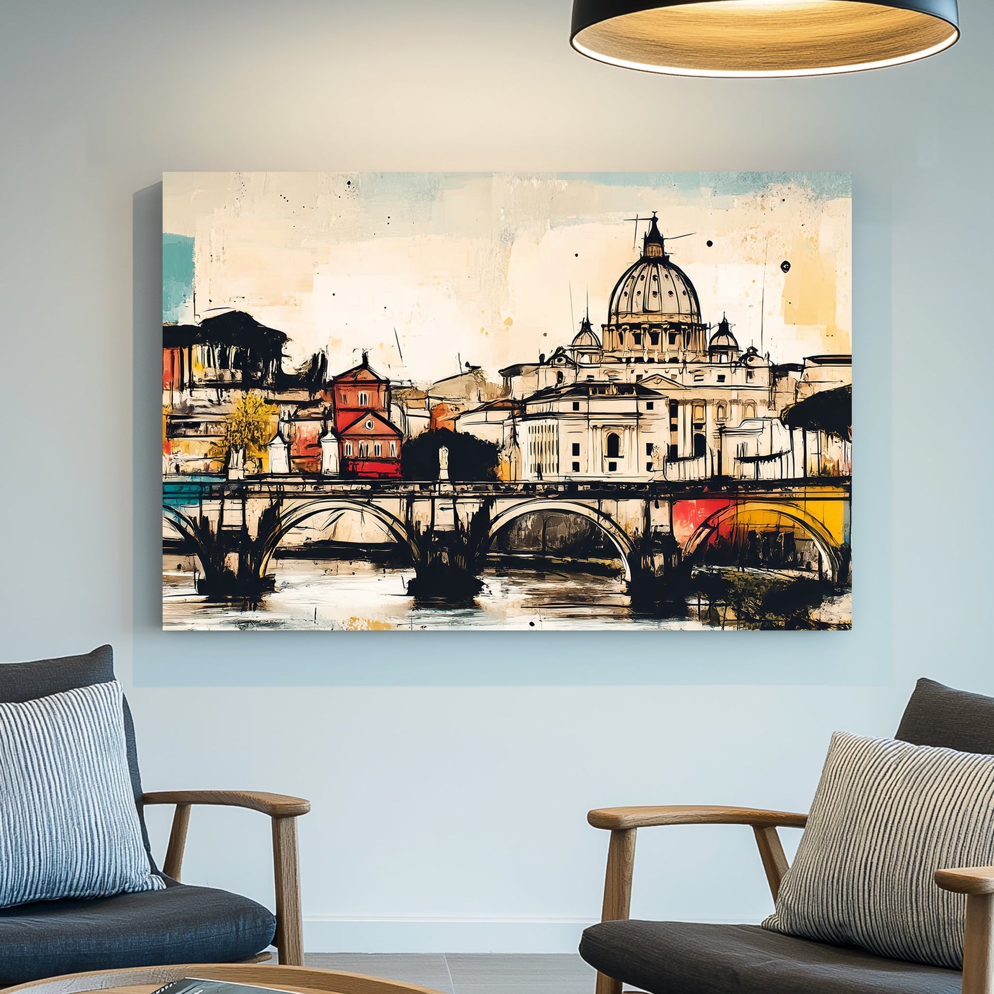 rome wall art of st. peter’s basilica and ponte sant’angelo in colourful abstract sketch style