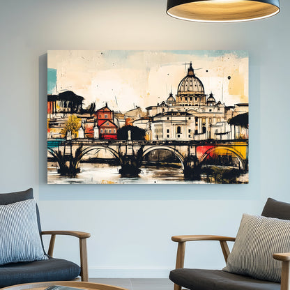 rome wall art of st. peter’s basilica and ponte sant’angelo in colourful abstract sketch style