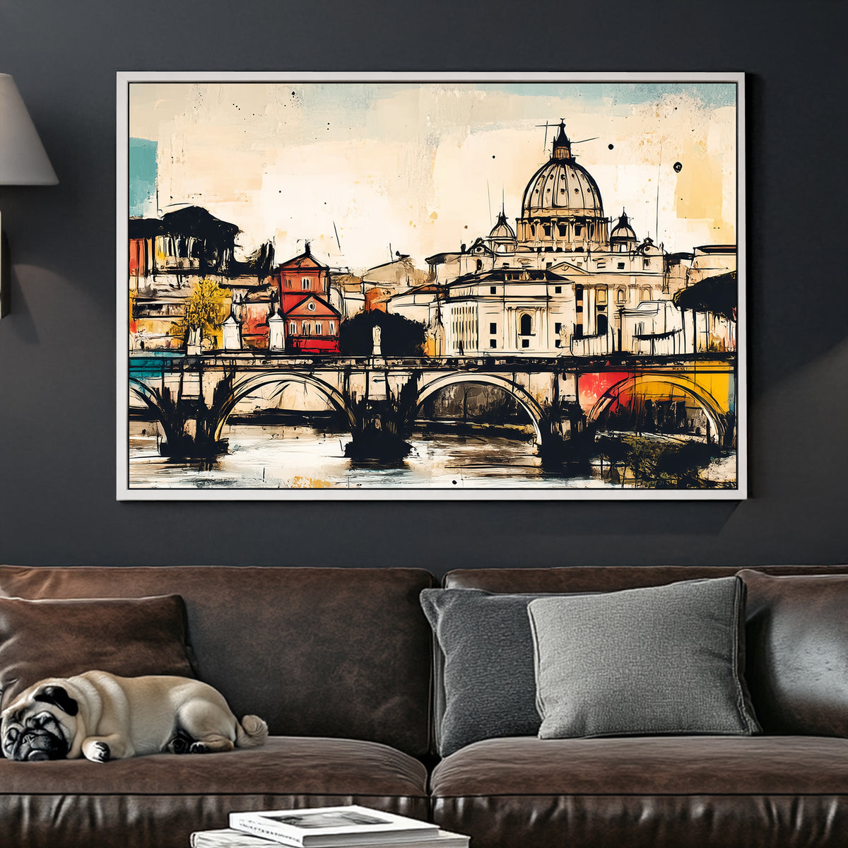 rome wall art of st. peter’s basilica and ponte sant’angelo in colourful abstract sketch style