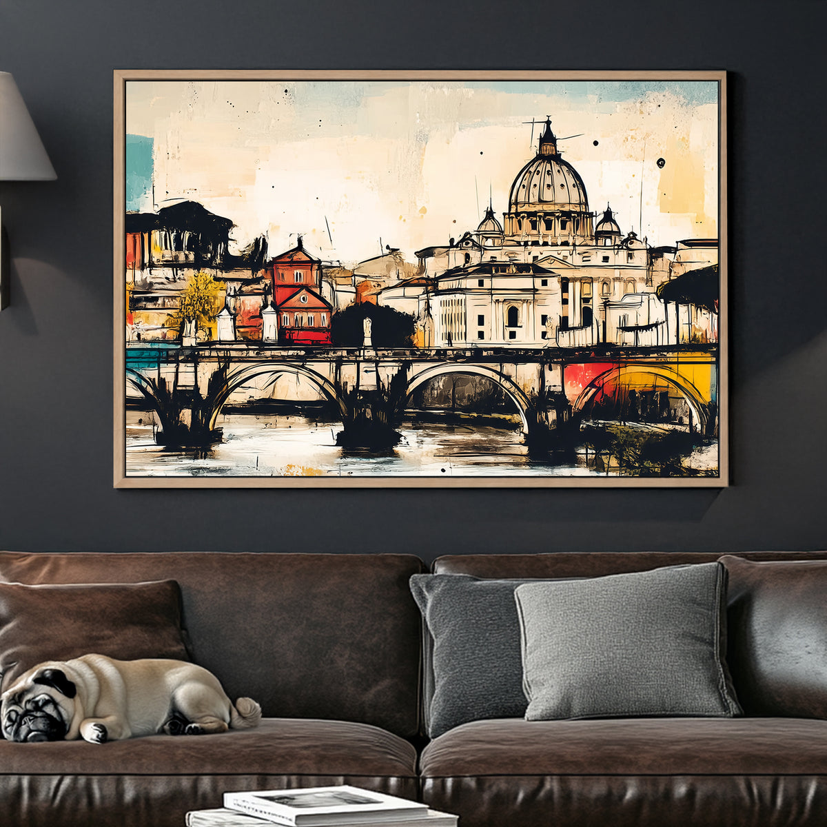 rome wall art of st. peter’s basilica and ponte sant’angelo in colourful abstract sketch style