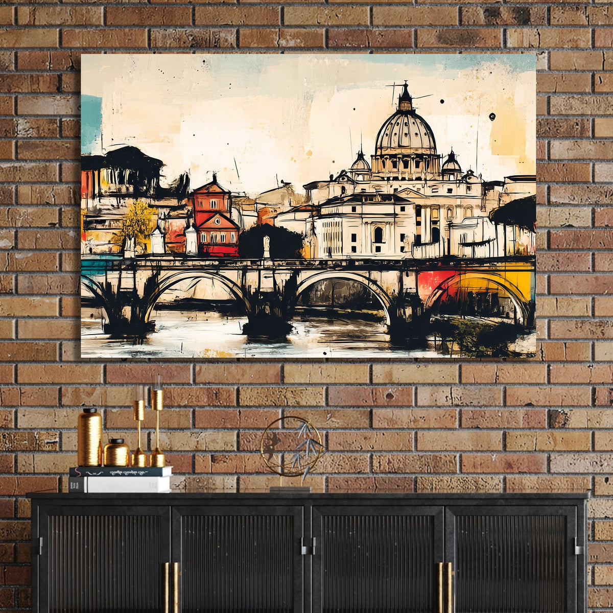 rome wall art of st. peter’s basilica and ponte sant’angelo in colourful abstract sketch style