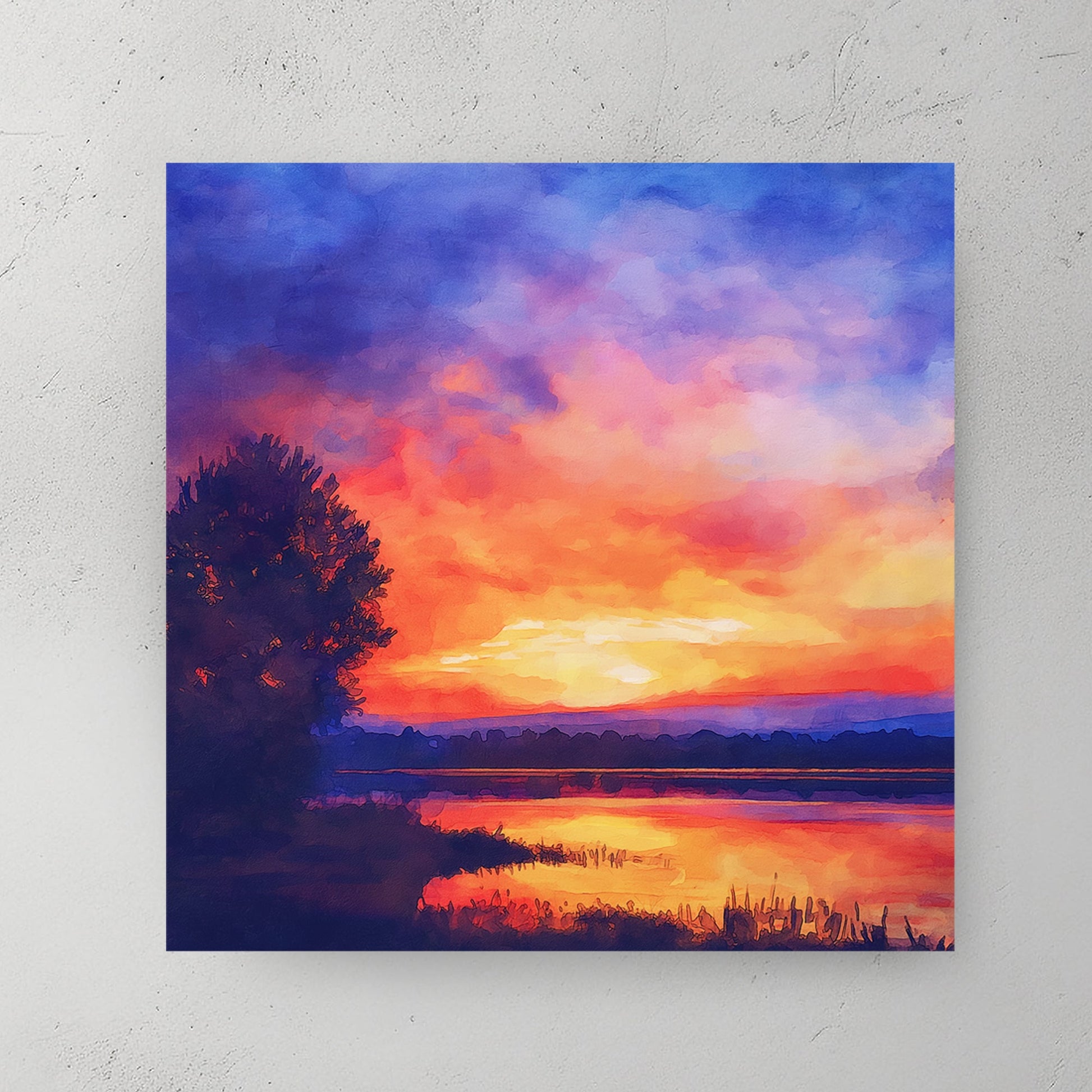 sunset wall art with vibrant orange, purple, and pink skies reflected on a lake in watercolour style
