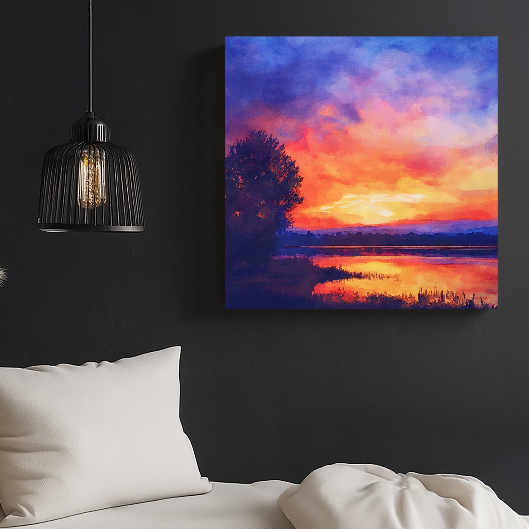 sunset wall art with vibrant orange, purple, and pink skies reflected on a lake in watercolour style