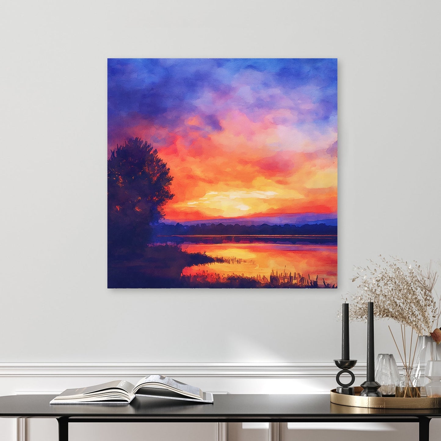 sunset wall art with vibrant orange, purple, and pink skies reflected on a lake in watercolour style