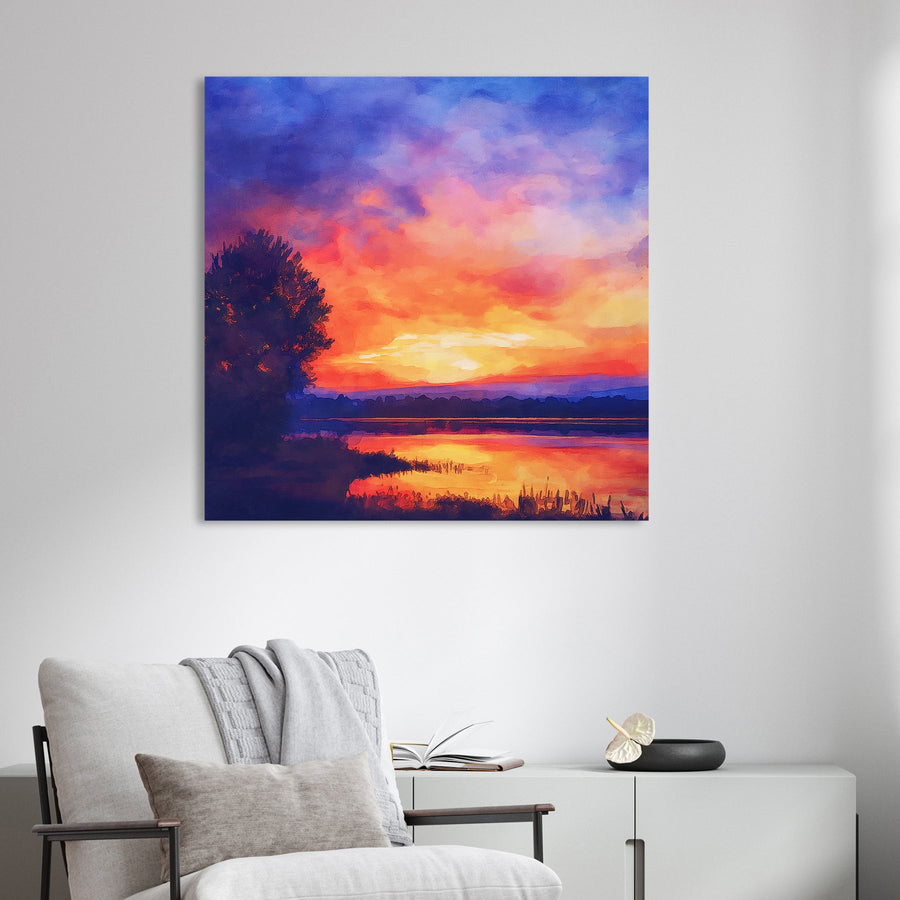 sunset wall art with vibrant orange, purple, and pink skies reflected on a lake in watercolour style